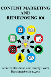 Content Marketing and Repurposing 101 book cover image has a lightbulb in the center with arrows pointing outward to different forms content can take such as blog posts, emails, and podcast episodes.