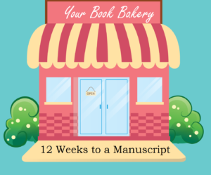 Your Book Bakery logo image of small shop with striped awning represents the program of group coaching for writing a nonfiction book.