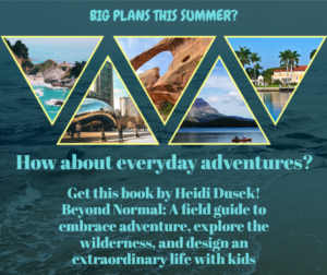 Everyday adventures with kids graphic shows popular vacation destinations including a beach and state park.