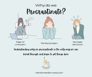 Knowing why you do it can help you stop procrastinating and write your book. This graphic lists three common reasons: fear of criticism; perfectionism; and lack of direction; 